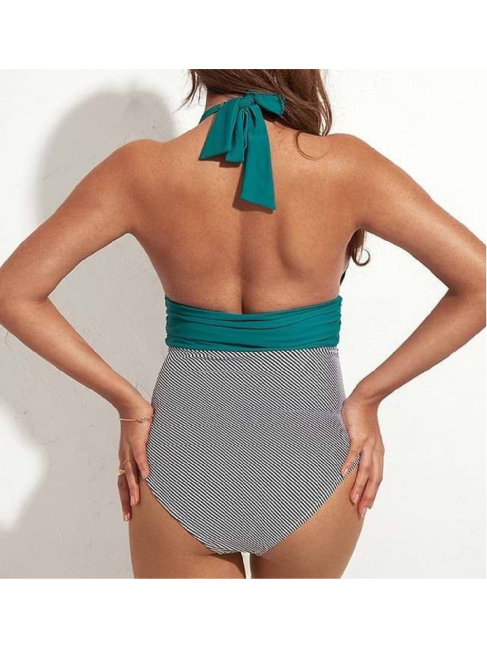 🇺🇸 Cupshe One Piece Swimsuit 1X Teal Halter Plunge Striped Bottom NWT - Picture 2 of 9